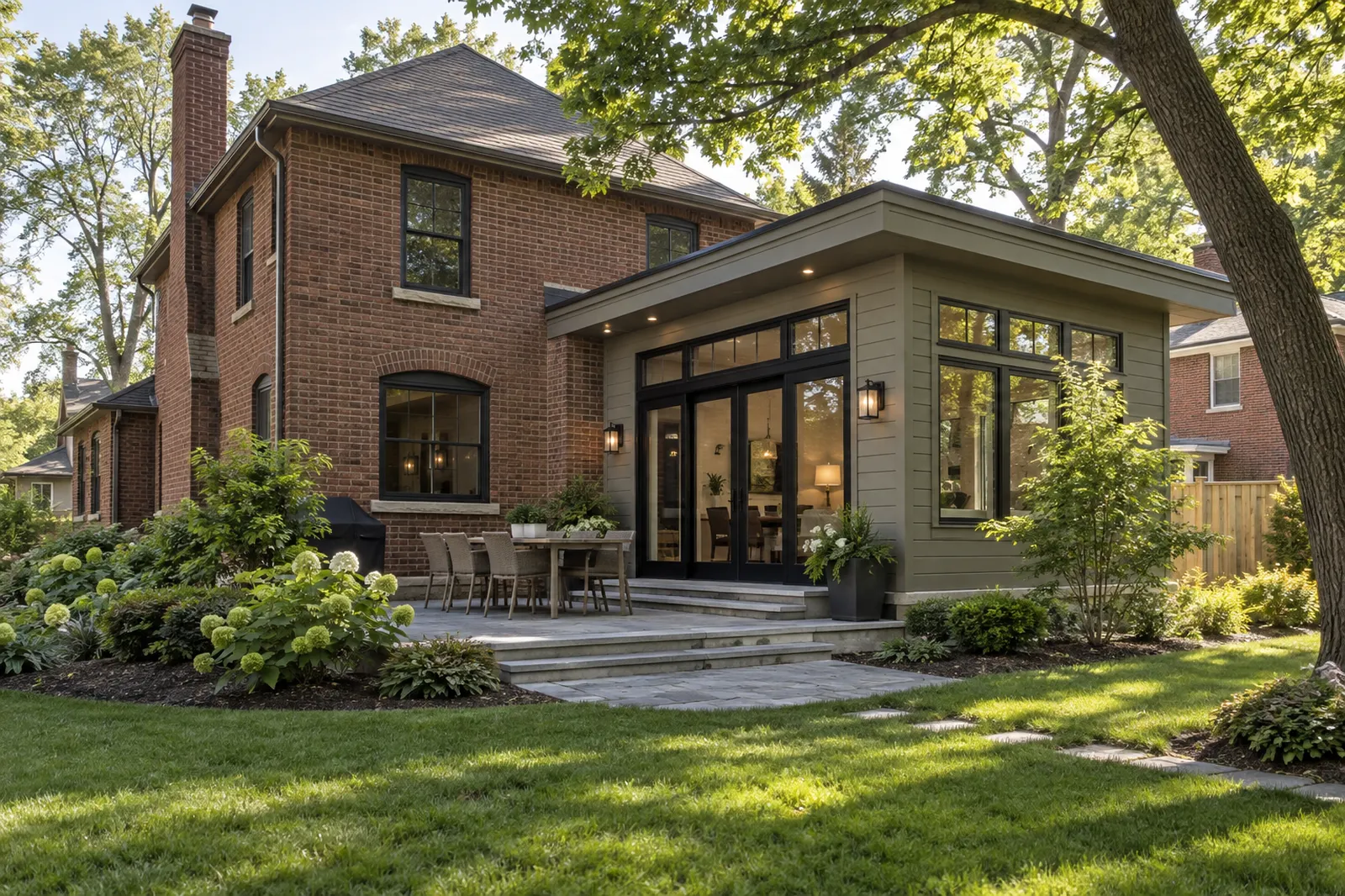Rear addition joined to an existing brick home