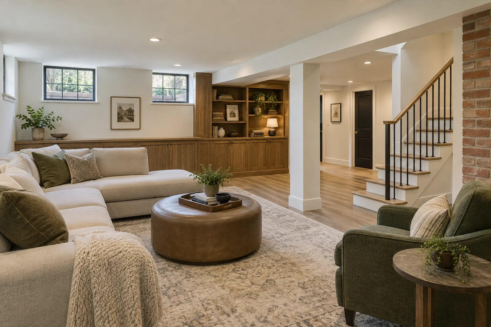 Finished basement with oak built-ins and seating