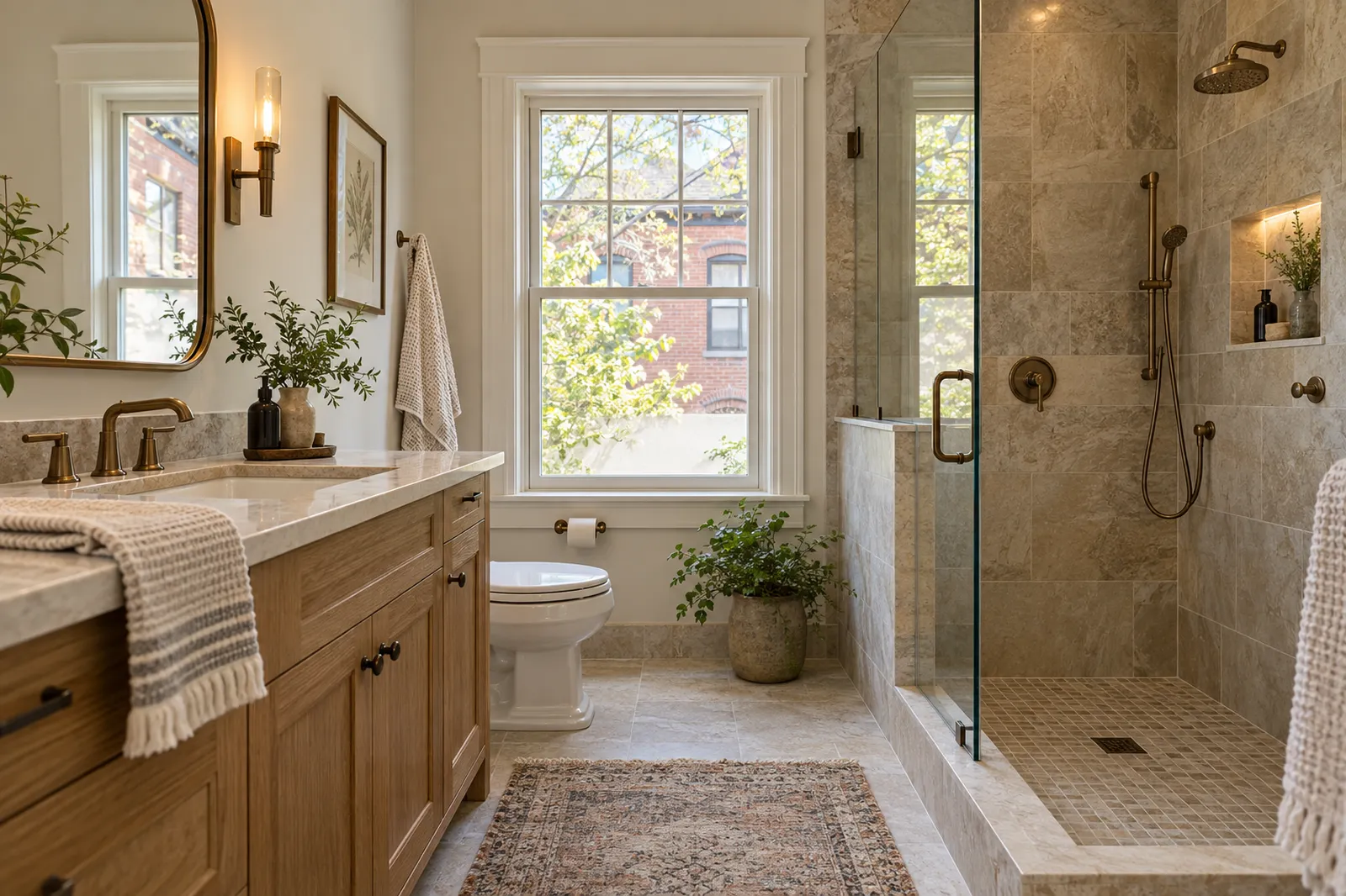 Renovated bathroom with oak vanity and stone tile
