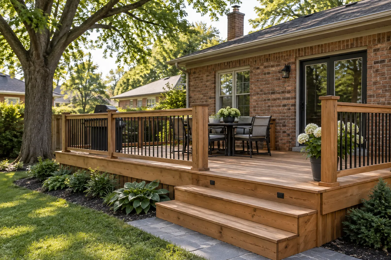 Cedar deck beside a brick house