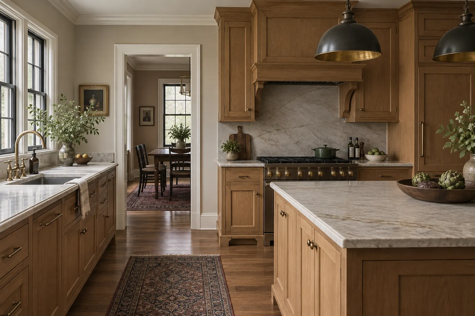 Oak kitchen cabinetry and stone worktop in a renovated home
